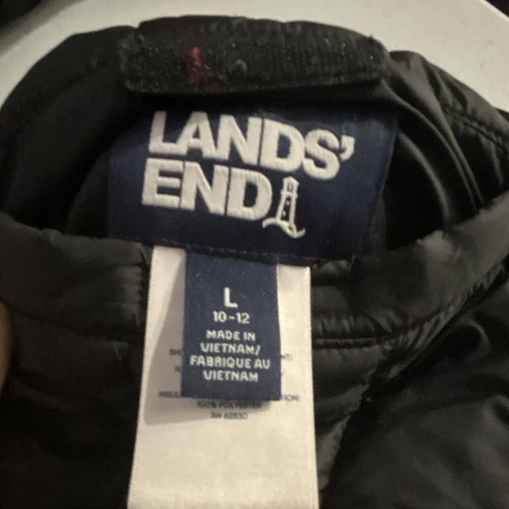 Lands' End Kids Black Hooded Puffer Jacket Full Zip: Size L 10-12